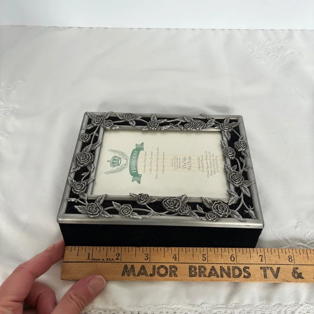 Heirloom Photo Album Pewter Rose Metal Frame Black Velvet Victorian Whimsigoth